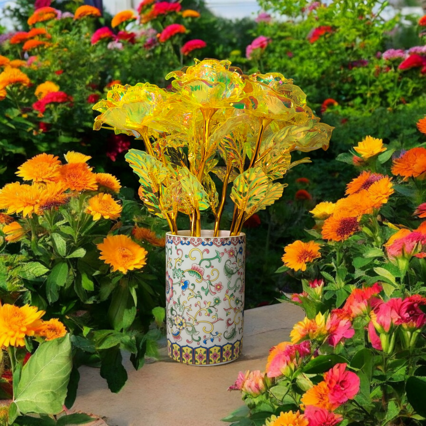 "Golden Bloom - Luxurious Iridescent Flower Arrangement in Ornamental Vase"