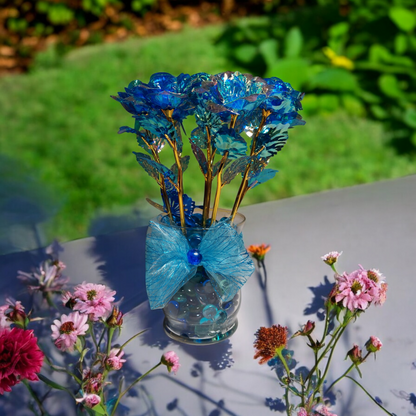 "Ocean Bliss - Iridescent Blue Floral Arrangement with Bow Accent